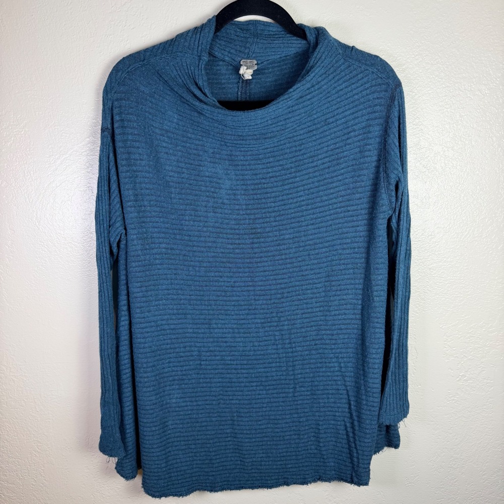 Vtg We The Free Womens M Teal Blue Ribbed Mock Neck Split Back Top Boho Cozy